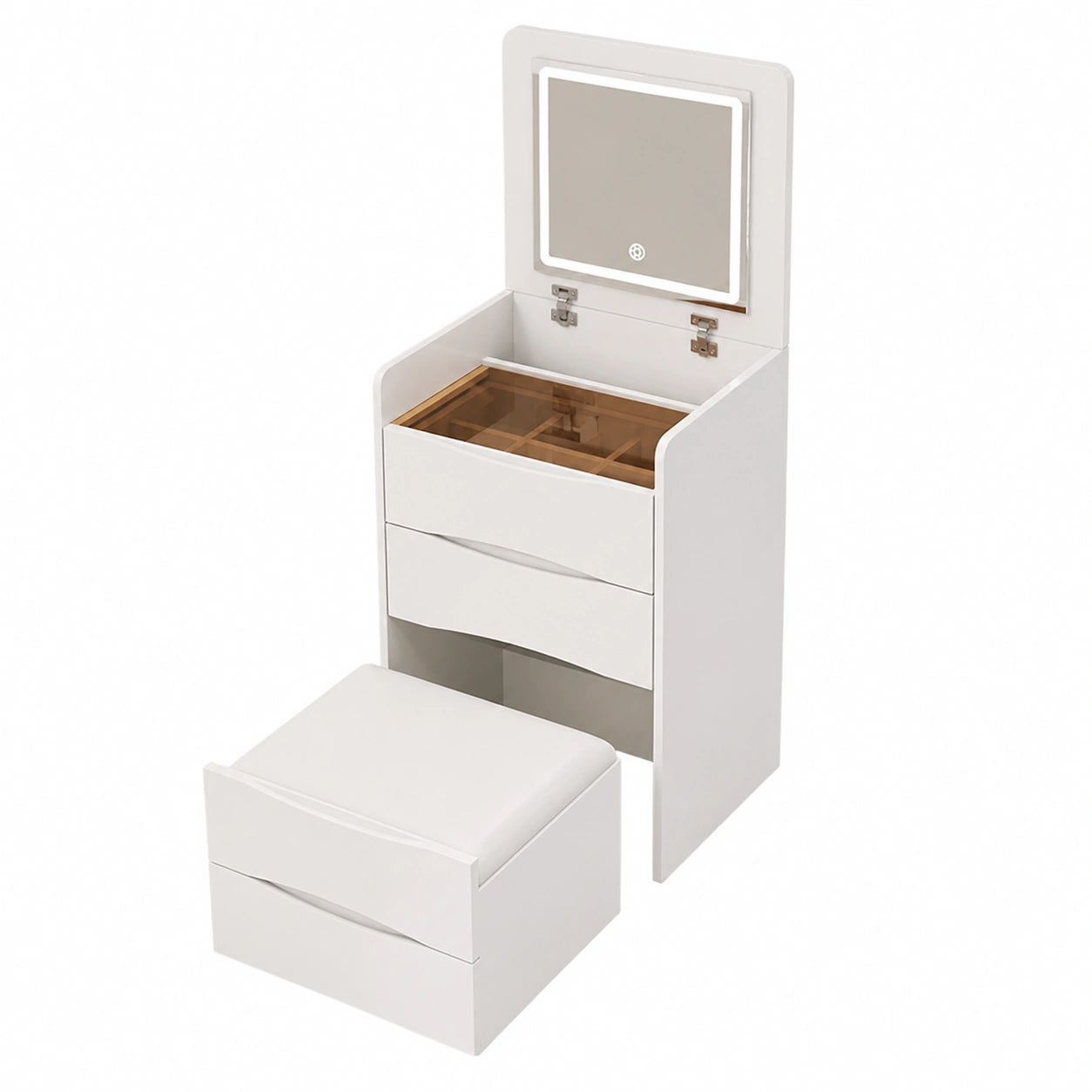 Eleganter Schminktisch mit LED-Spiegel und Hocker, 2 Schubladen, für Schlafzimmer & Büro