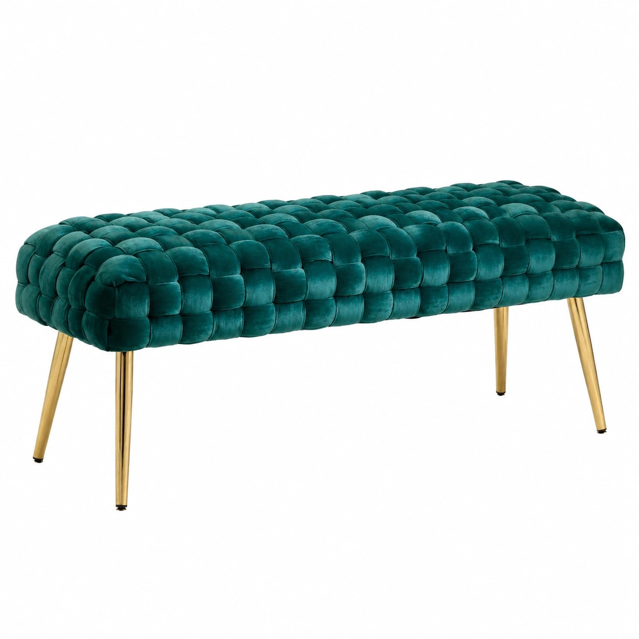 Samt-Sitzbank mit goldenen Metallbeinen, 120 cm, Grünes Design für Schlafzimmer und Flur
